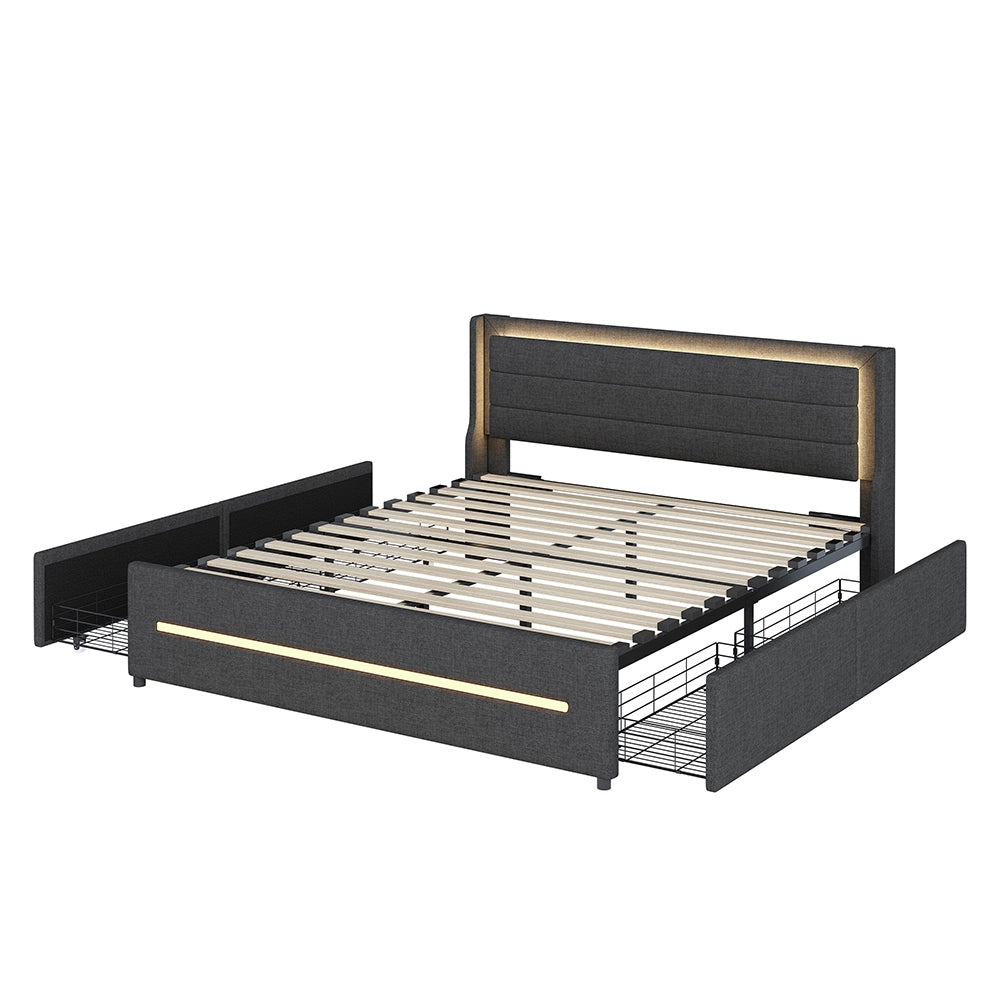 Letto imbottito con LED colorati - Xylo - 160x200 cm - Grigio - Con 4 cassetti