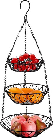 Fruitiera appesa con 3 livelli di robusta corda, fruitiera per appendere, fruitiera con catena più lunga, 68 cm di altezza, regolabile individualmente per appendere e riporre per verdure e frutta.