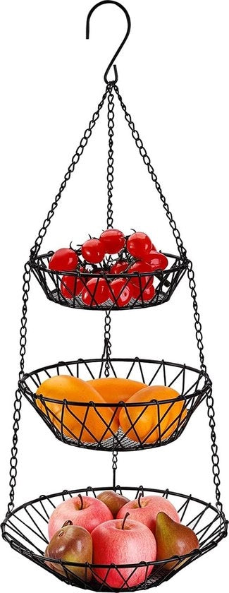Fruitiera appesa con 3 livelli di robusta corda, fruitiera per appendere, fruitiera con catena più lunga, 68 cm di altezza, regolabile individualmente per appendere e riporre per verdure e frutta.