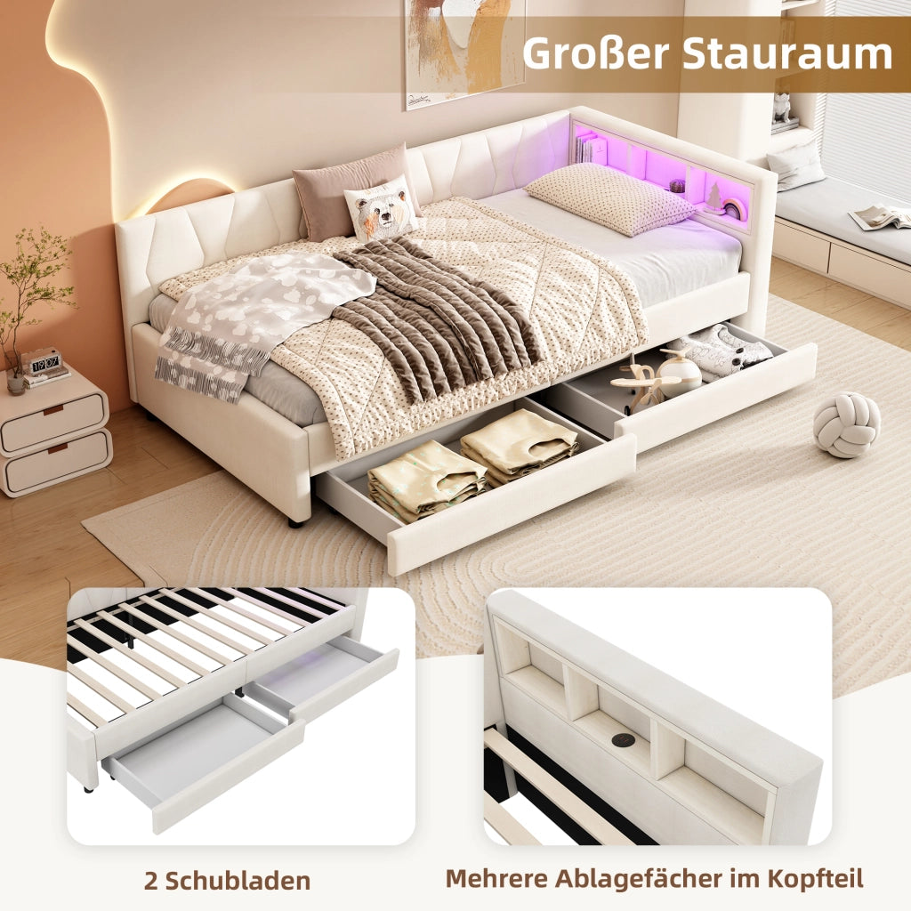 LETTO daybed 90x200 cm in lino beige con LED, USB e 2 cassetti