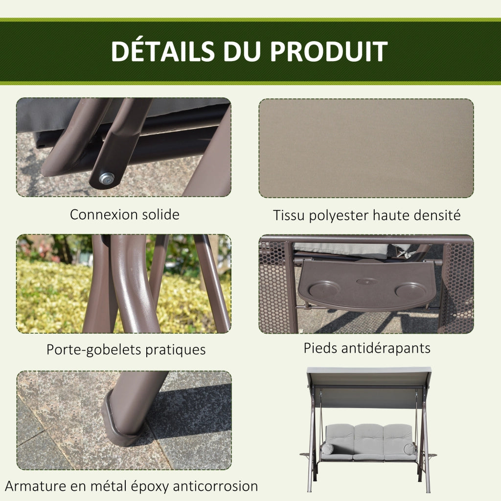 Amaca da giardino 3 posti con cuscini e tetto regolabile ¨C zephmum ¨C 116x206x183 cm grigio chiaro