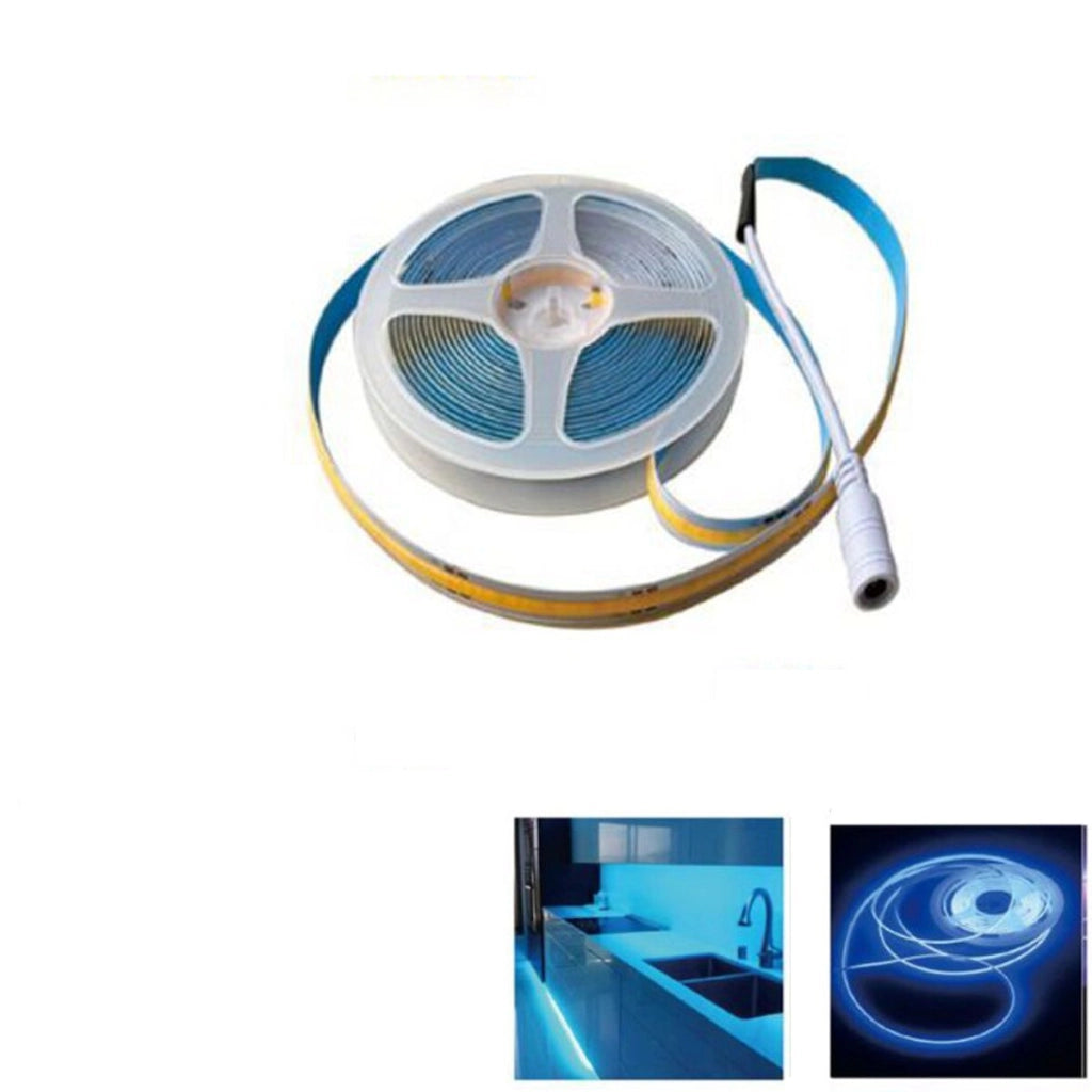 STRISCIA COB 15W/M ADESIVA 5M LUCE BLU 75W TAGLIABILE FLESSIBILE COB 320 LED 12V