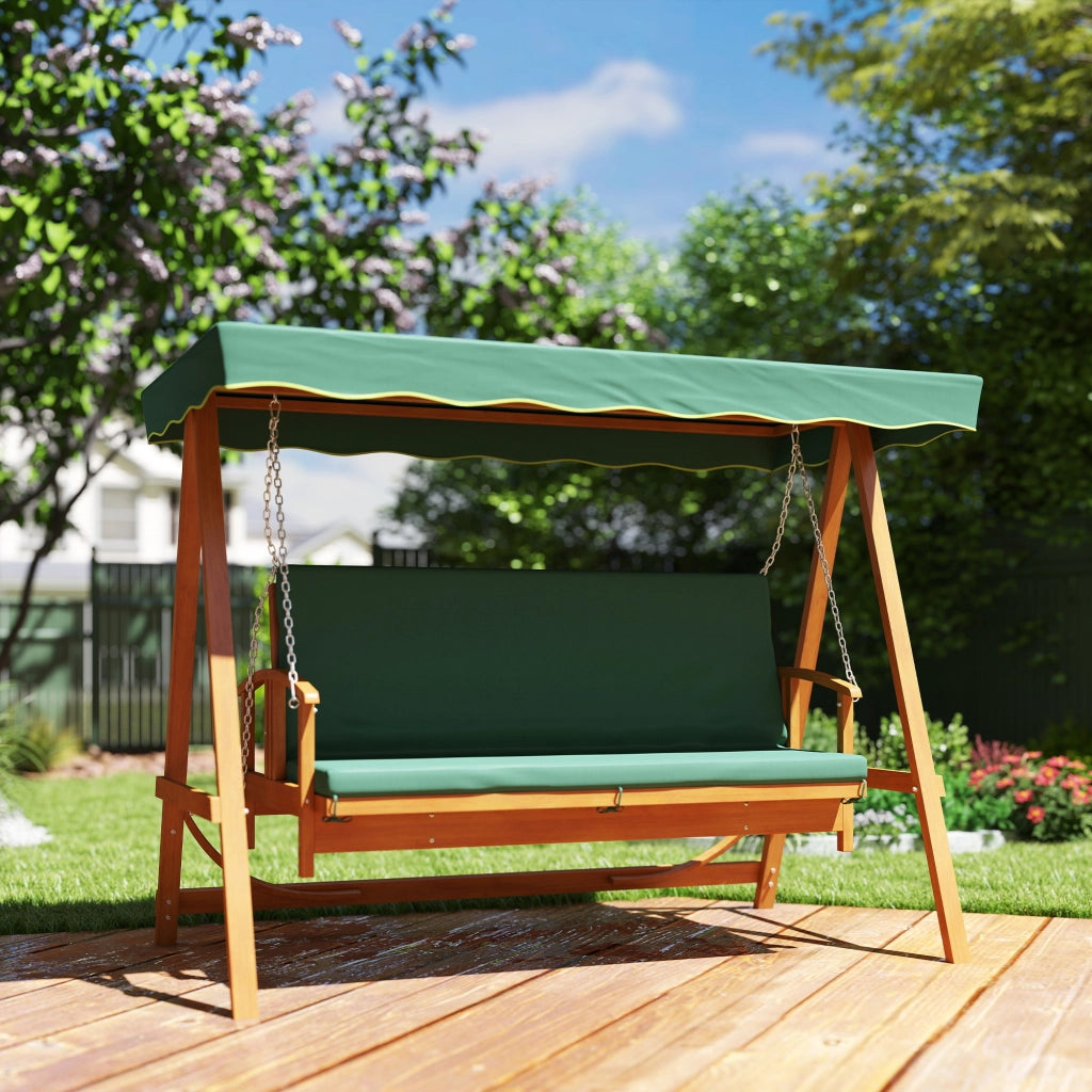Altalena da giardino in legno massiccio a 3 posti con tendone solare inclinabile verde