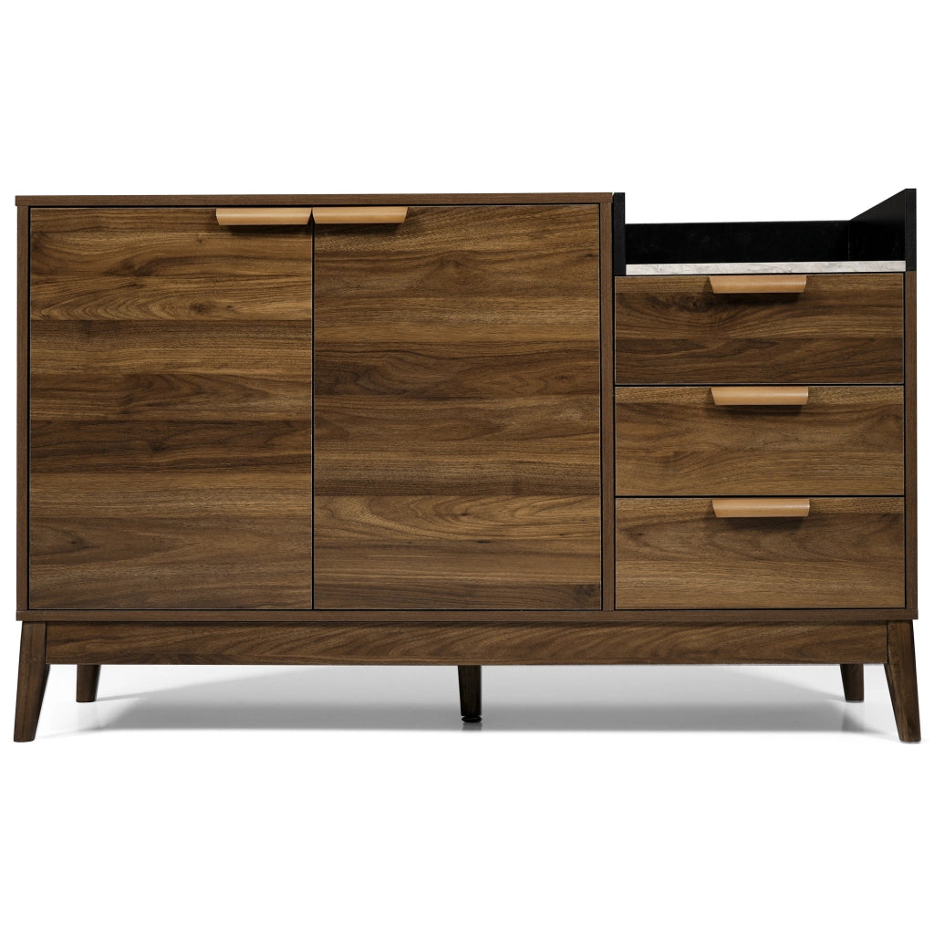 Credenza soggiorno effetto rovere con piano effetto marmo, 3 cassetti, vano con doppia anta e ripiani regolabili, H77/L120/P40 cm