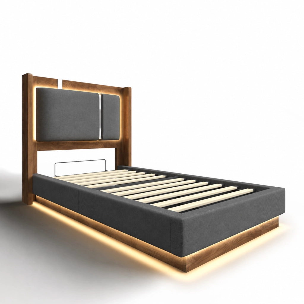 Letto singolo 90x200 cm con LED; contenitore idraulico e testiera imbottita in lino; grigio