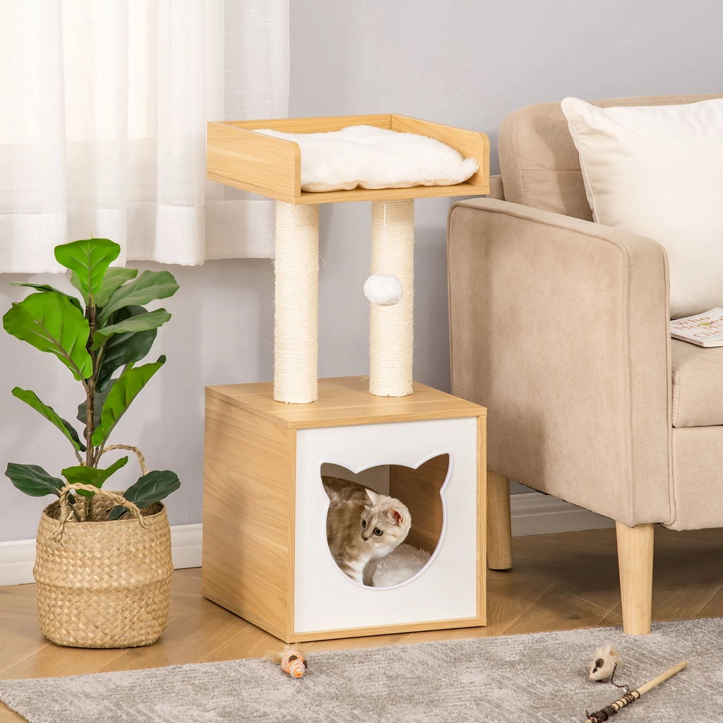 CASETTA PER GATTI CON PALI TIRAGRAFFI IN SISAL, CUSCINI LAVABILI E PALLINA, 35X35X81CM, QUERCIA