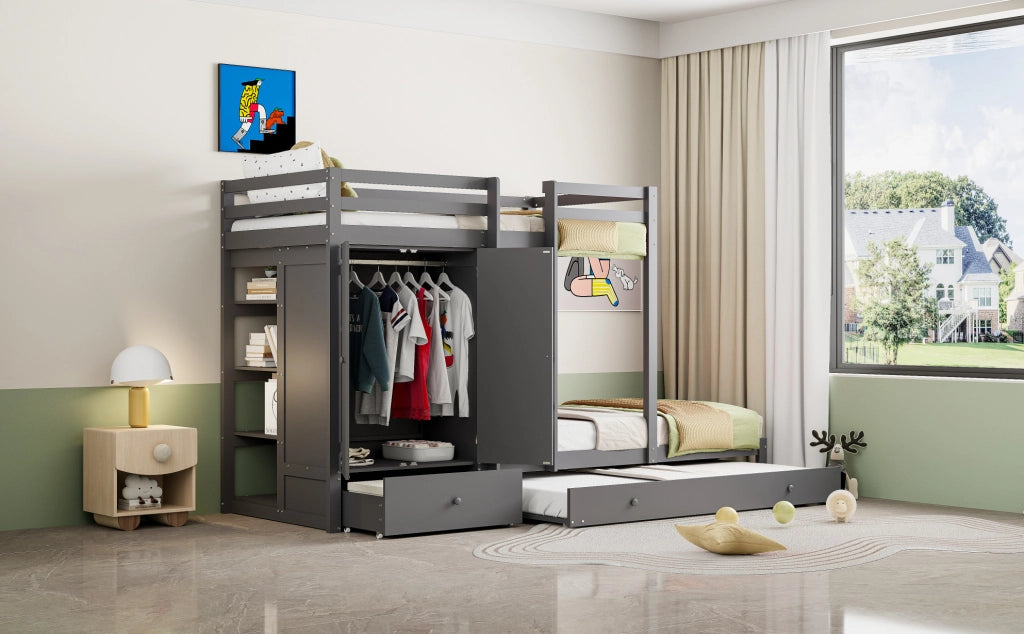 Letto a castello 90x200 con letto estraibile, armadio e cassetti grigio