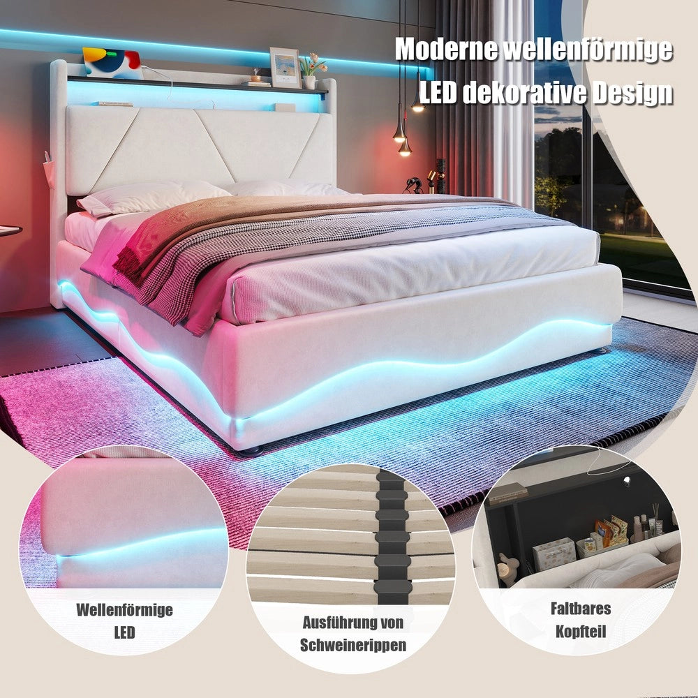 Letto imbottito contenitore con testiera LED ¨C Minimal ¨C velluto grigio 140x200cm
