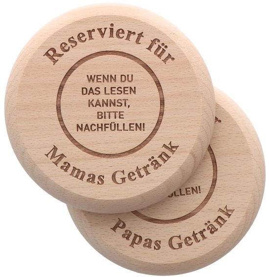 Set di 2 - Sostegni per Bicchieri | Sostegni in Legno per Bicchieri | 2-in-1 Sostegno e Coperchio | Sostegno Divertente per Genitori | Idea di Regalo per Genitori