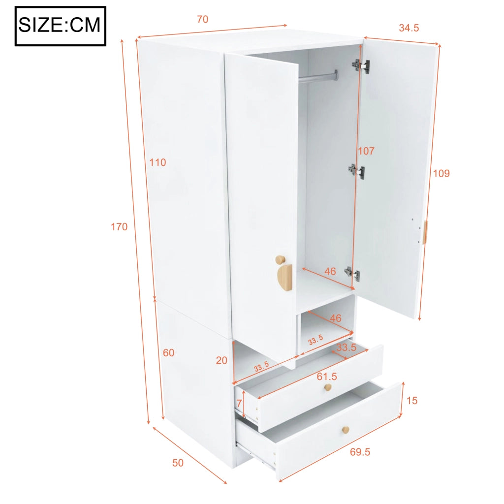 Armadio guardaroba a 2 ante con 2 cassetti e piccoli ripiani in compensato e MDF colore bianco