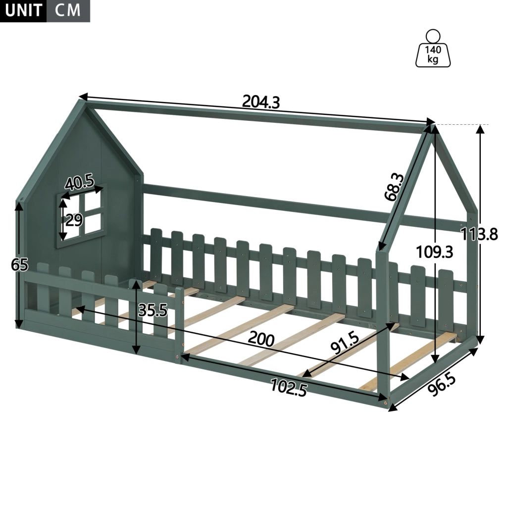 Letto per bambini 90x200 cm; a casetta; pino e MDF; verde