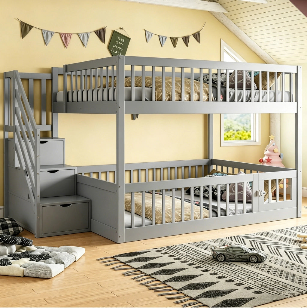 Letto a castello 140x200 cm con scala contenitore e letto inferiore apribile in legno grigio
