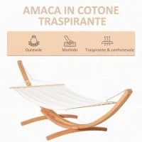 Amaca con Supporto in Legno e Cotone, Amaca da Giardino per altri Spazi Esterni, 392x120x102cm, Bianca