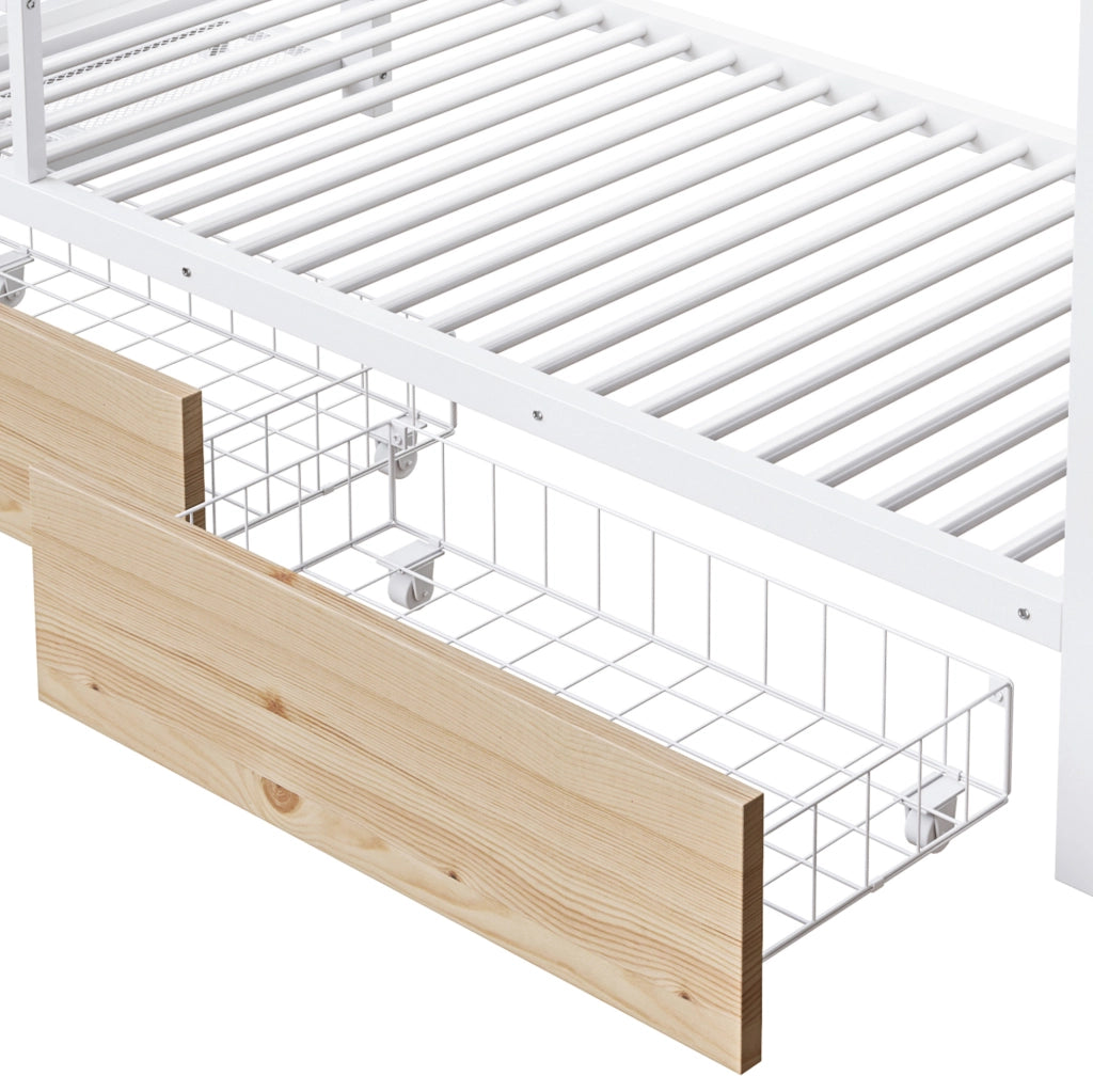 Letto a castello 140x200 cm in metallo e MDF bianco con LED; 2 cassetti e ripiani