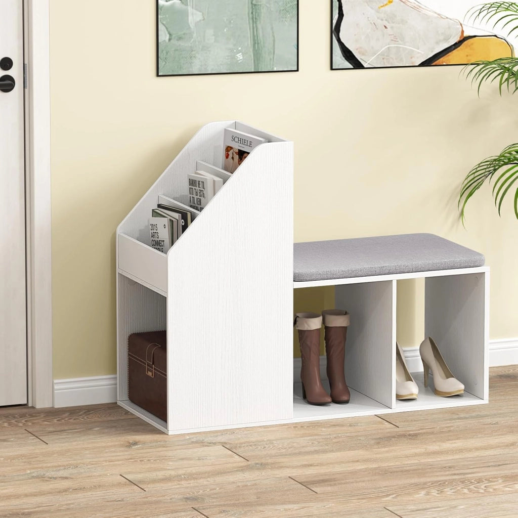 Panca Porta Scarpe, Organizzatore per Scarpe con Ripiano a 3 Livelli, Cuscino e 3 Cubi, Scarpiera con Supporto Laterale, Unità di Stoccaggio per Scarpe per Corridoio, Ingresso, Bianca
