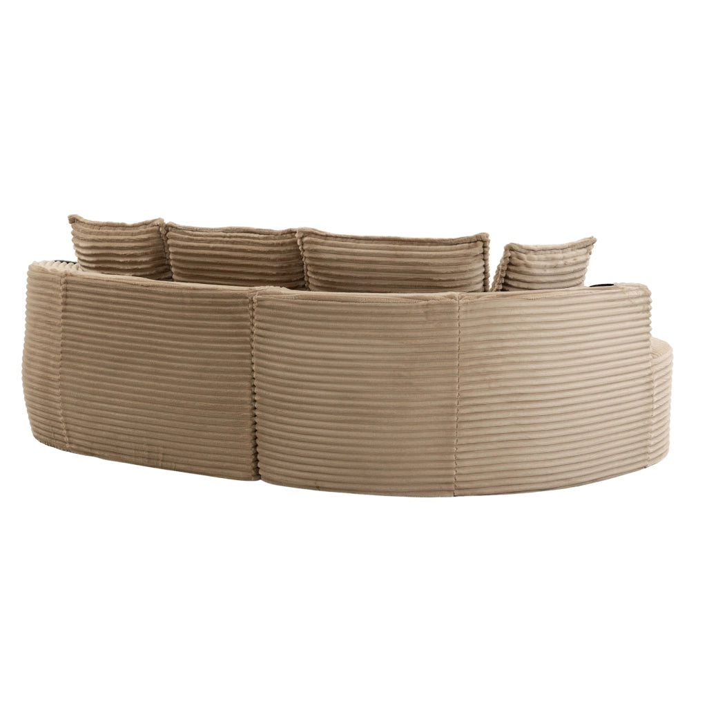 Divano curvo con portabicchieri e tasche laterali; 250x152x82 cm; in velluto color khaki