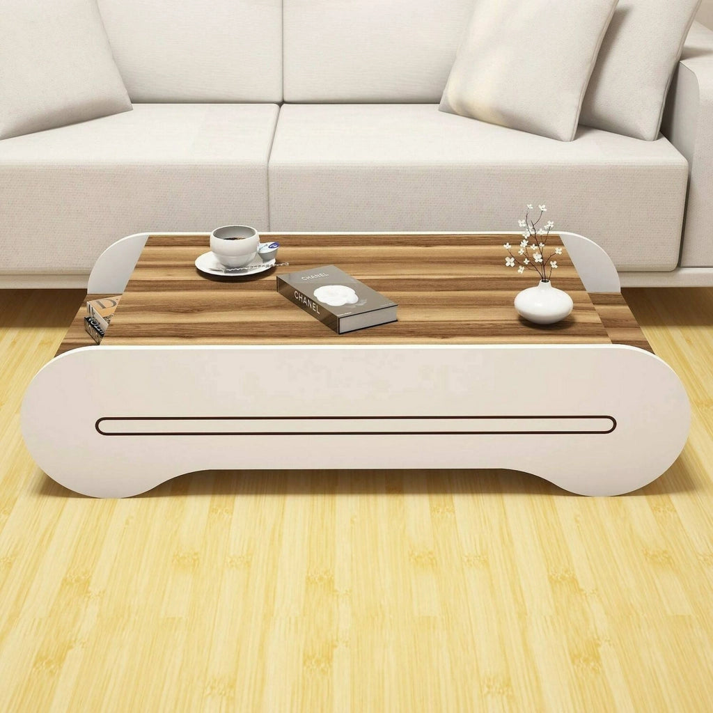 Tavolino da salotto Anz, Tavolo basso da caffè, Portariviste per divano, Ripiano da soggiorno, 120x64h30 cm, Noce e Bianco