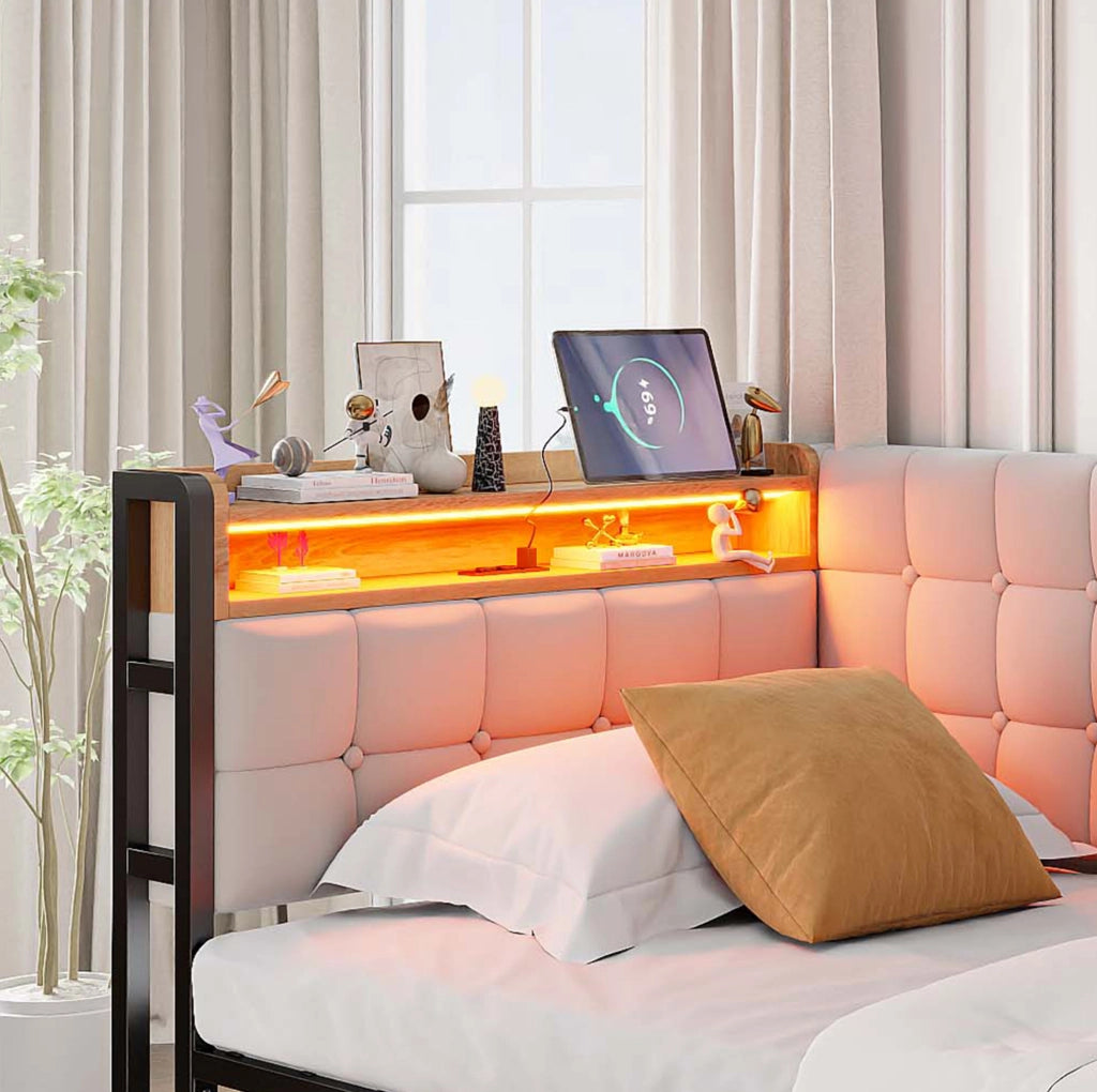 Divano letto singolo 90x200 cm con 2 cassetti; LED; USB e USB-C; beige