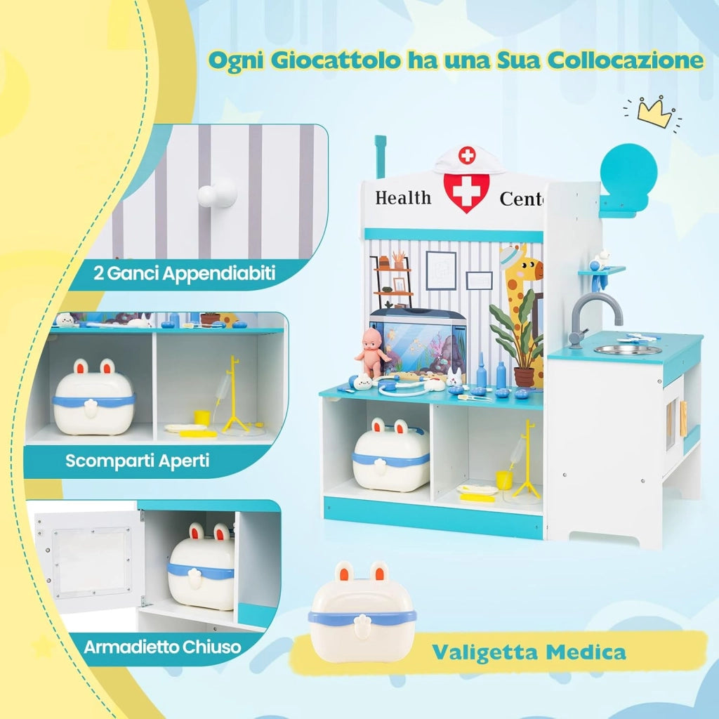 Kit Dottoressa Bambini a Tre Facce, Centro Medico Giocattolo in Legno con Monitor ECG, Rubinetto e 27 Accessori, Luci e Suoni, Regalo Bambini 3-6 Anni, 93 x 54,5 x 98,5 cm