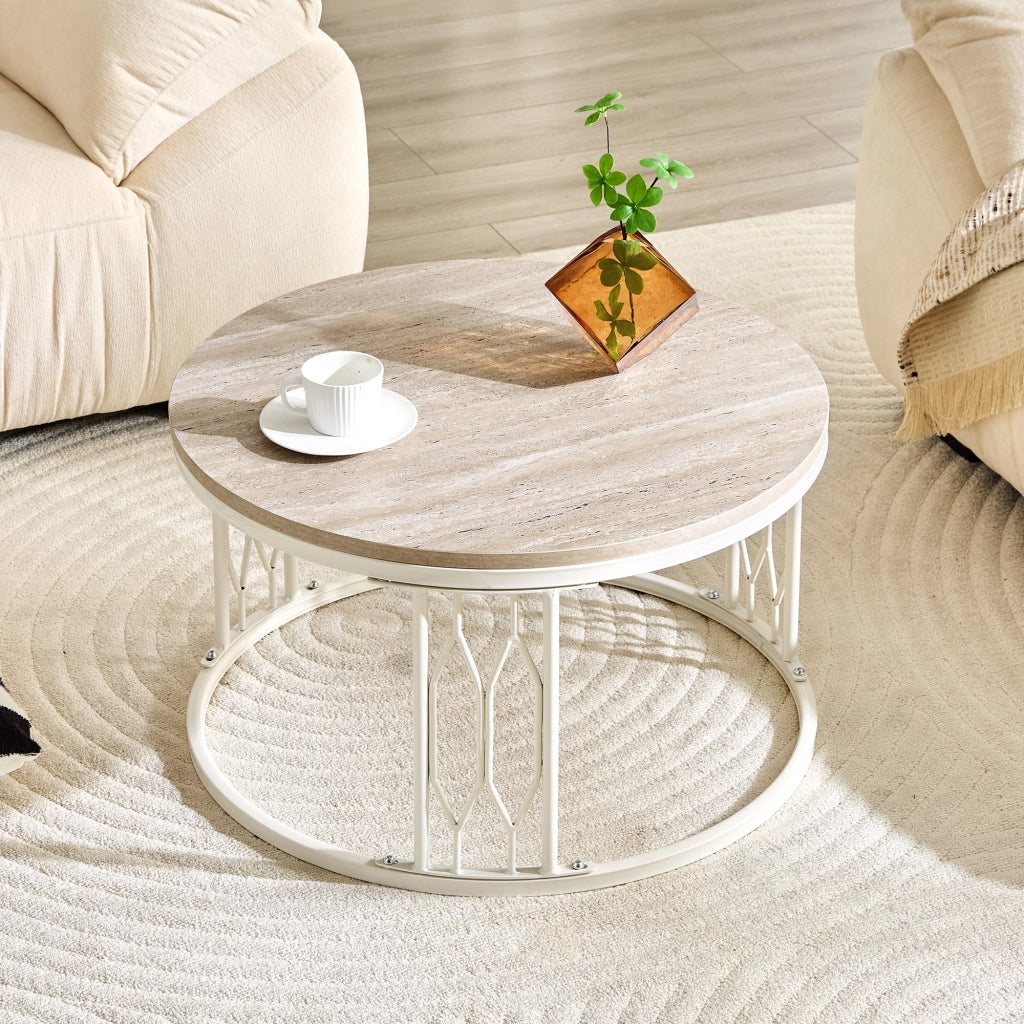 Tavolino da caffè con struttura geometrica in MDF e metallo bianco