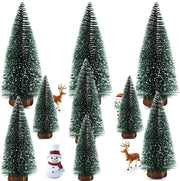 Set di 9 alberi di pino verde con effetto neve e base in legno - 10/15/20 cm
