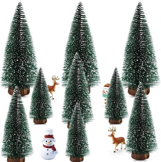 Set di 9 alberi di pino verde con effetto neve e base in legno - 10/15/20 cm