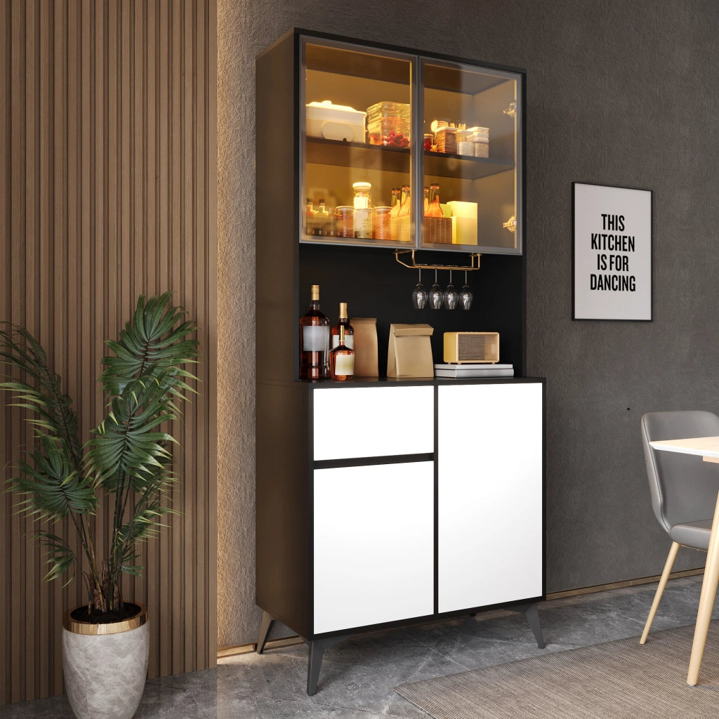 Credenza alta con 2 ante in vetro, LED da app, 1 cassetto e 2 vani, per cucina e soggiorno, MDF, nero e bianco