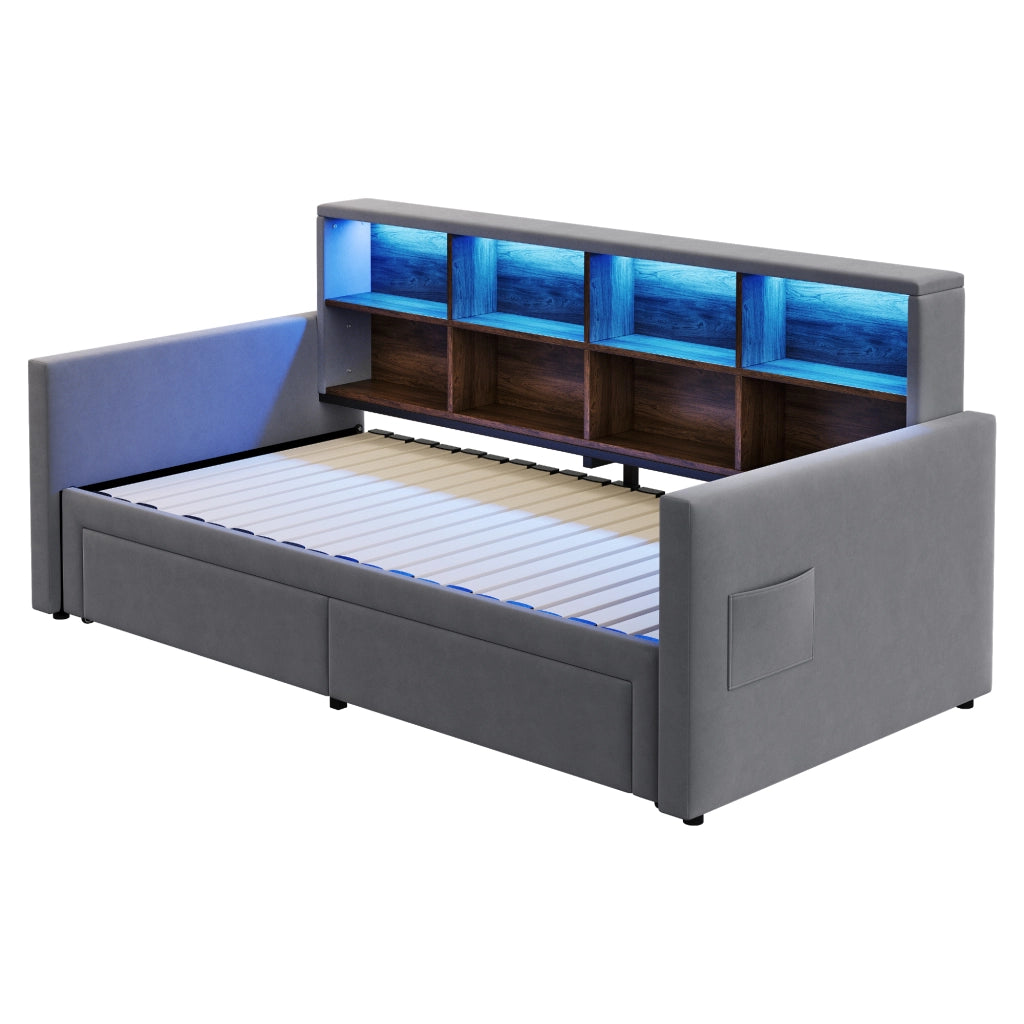 Letto a Divanetto 90x190 cm - Contenitore; LED; prese USB; Tipo C e 2 cassetti