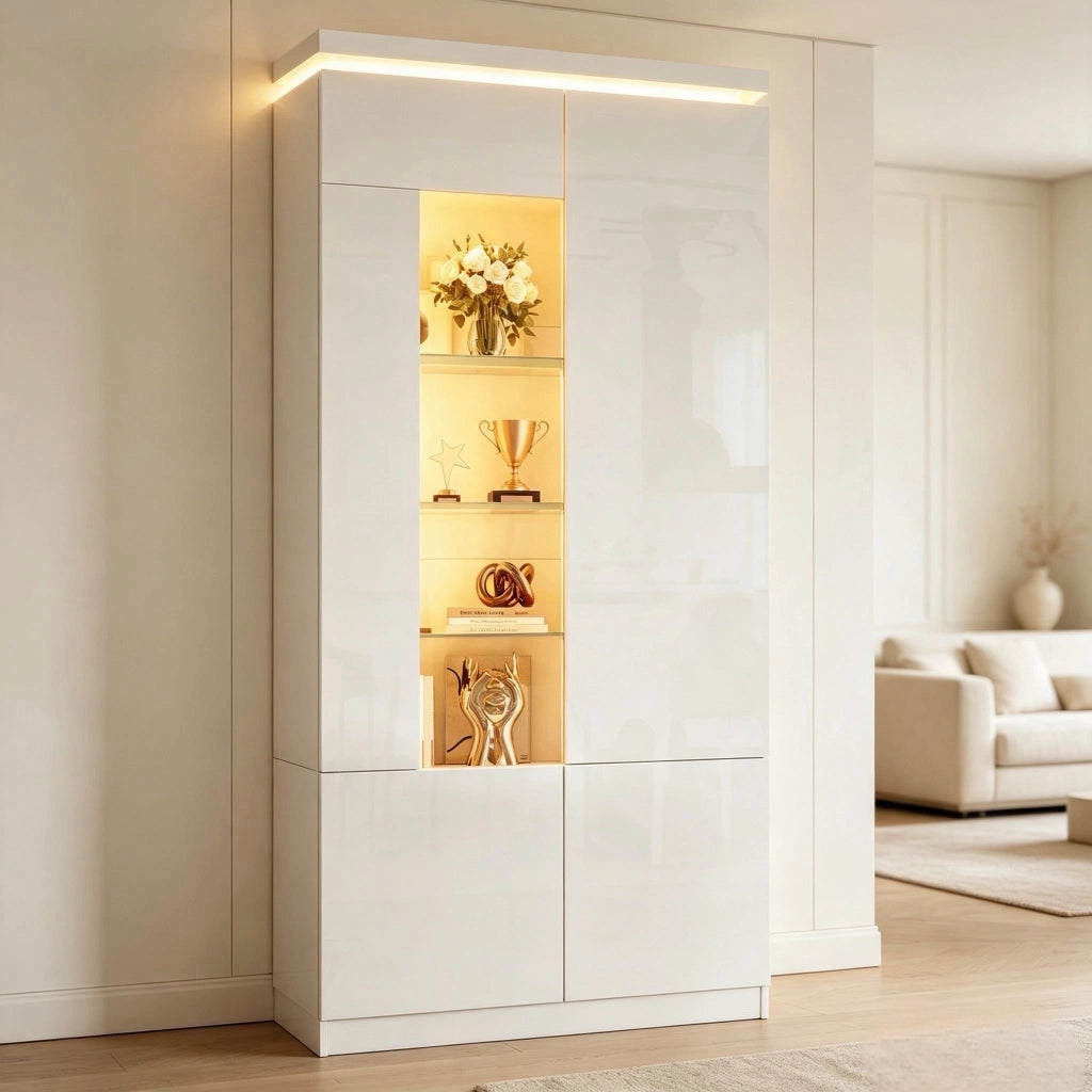 Vetrina 80x35x180 cm con illuminazione LED Bluetooth in MDF bianco