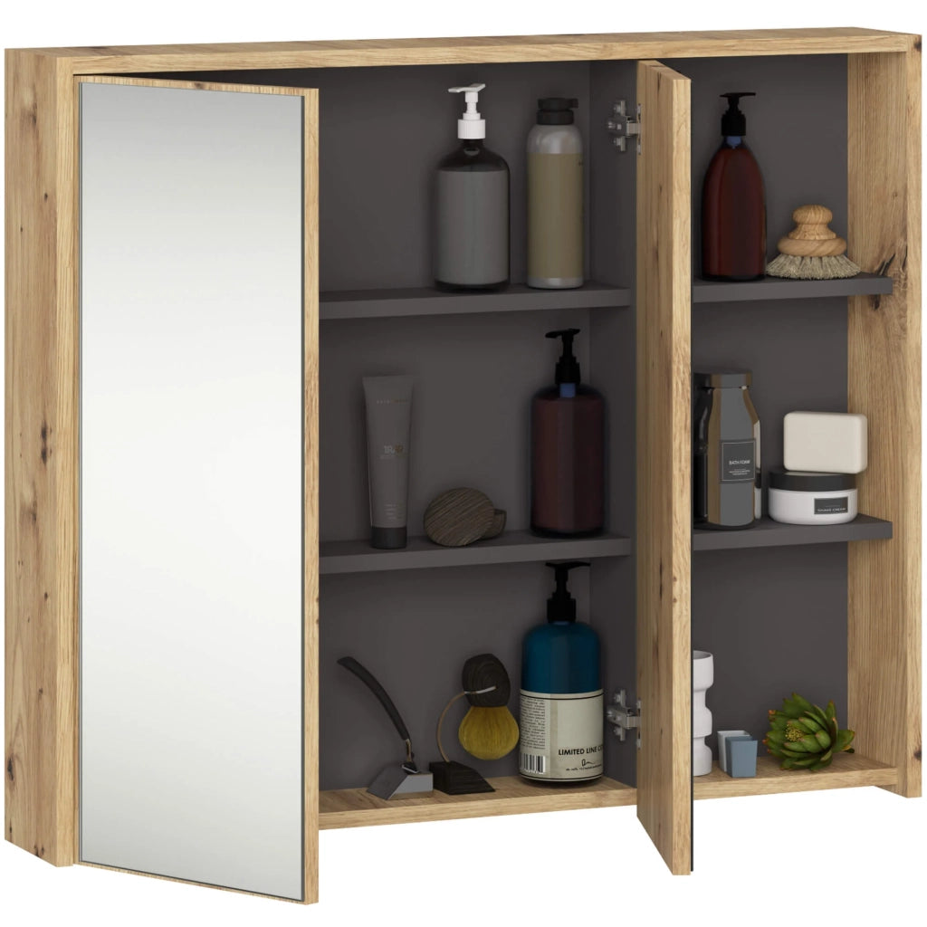 Pensile bagno con specchio VAMI Rovere Artisan, Grigio Grafite 90 cm 2 ante 90x15x75 cm