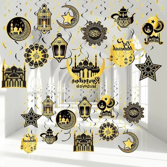 set a spirale da appendere - 24 pezzi - nero e oro - decorazione per la festa di Eid Al-Fitr