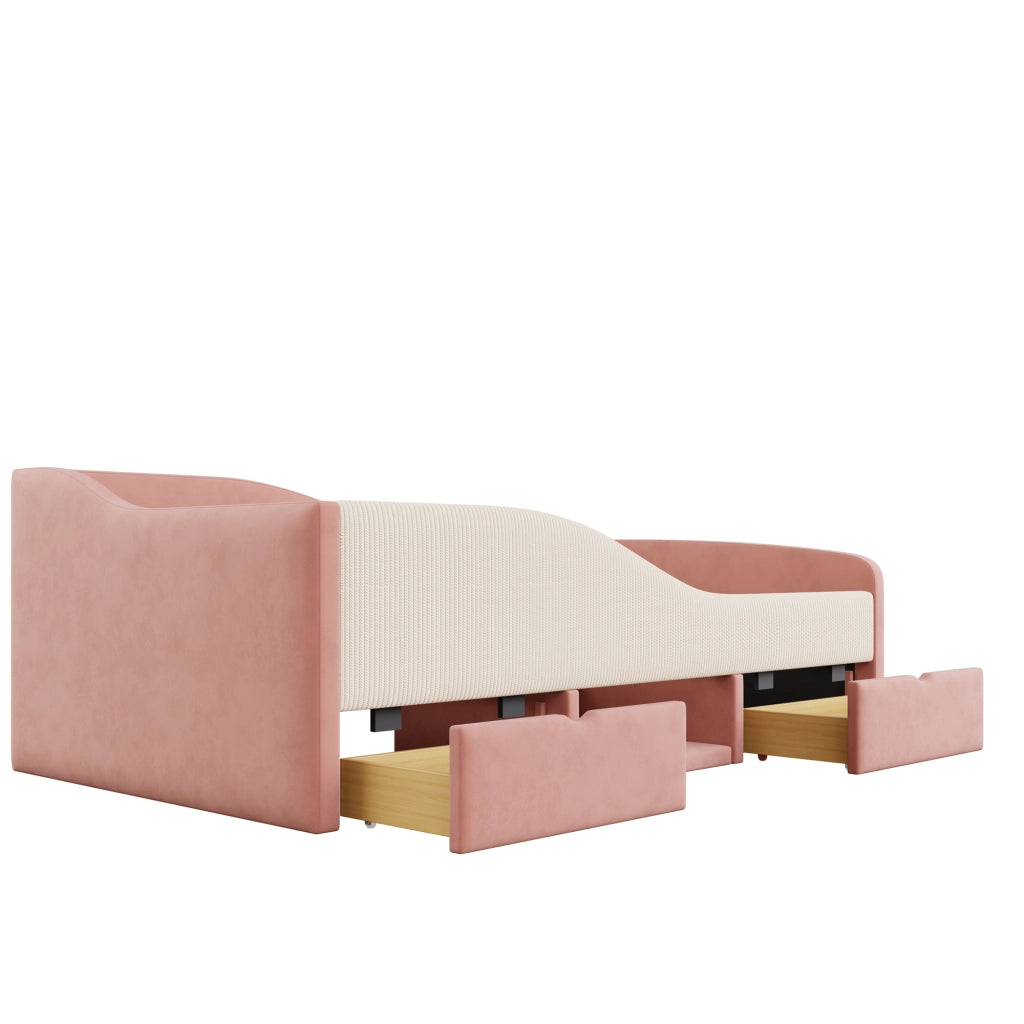 Letto per bambini 90 × 190 cm con 2 cassetti, vano aperto, scomparto scarpe e sbarre di sicurezza, senza materasso, rosa