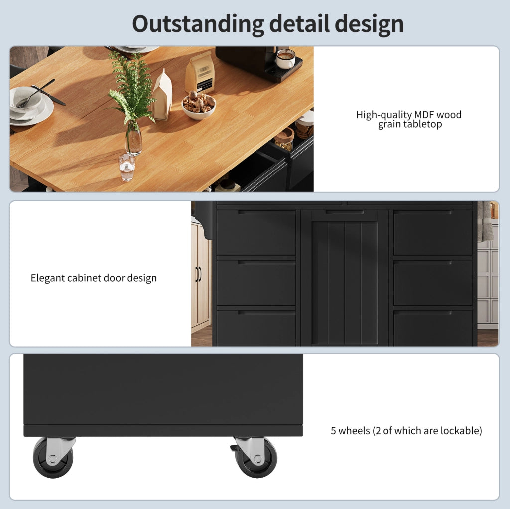 Carrello da cucina con piano ribaltabile; 8 cassetti e ruote; MDF nero