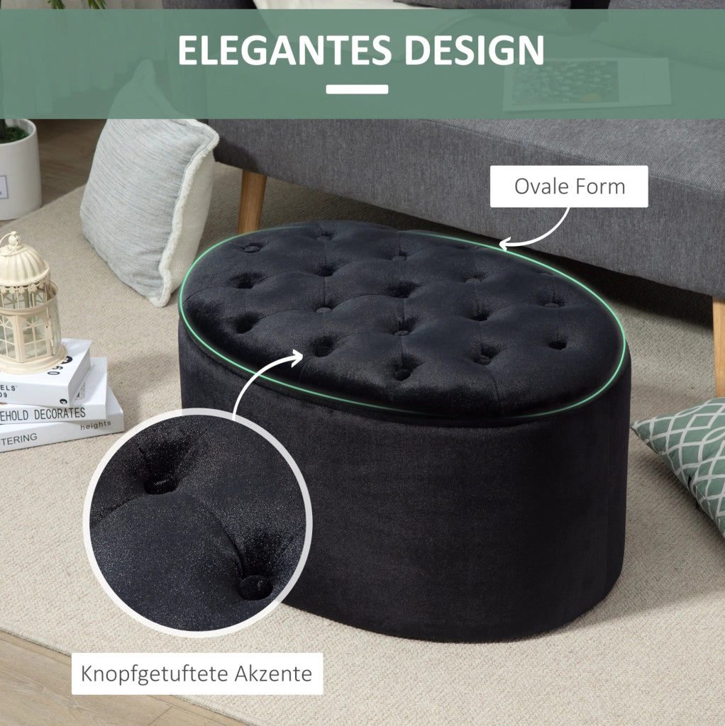 Pouf contenitore ovale imbottito 71x52x42 cm in poliestere nero