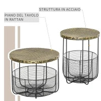 Set di 2 Tavolini da Giardino in Metallo con Ceste, Arredamento da Esterno Stile Industriale Nero