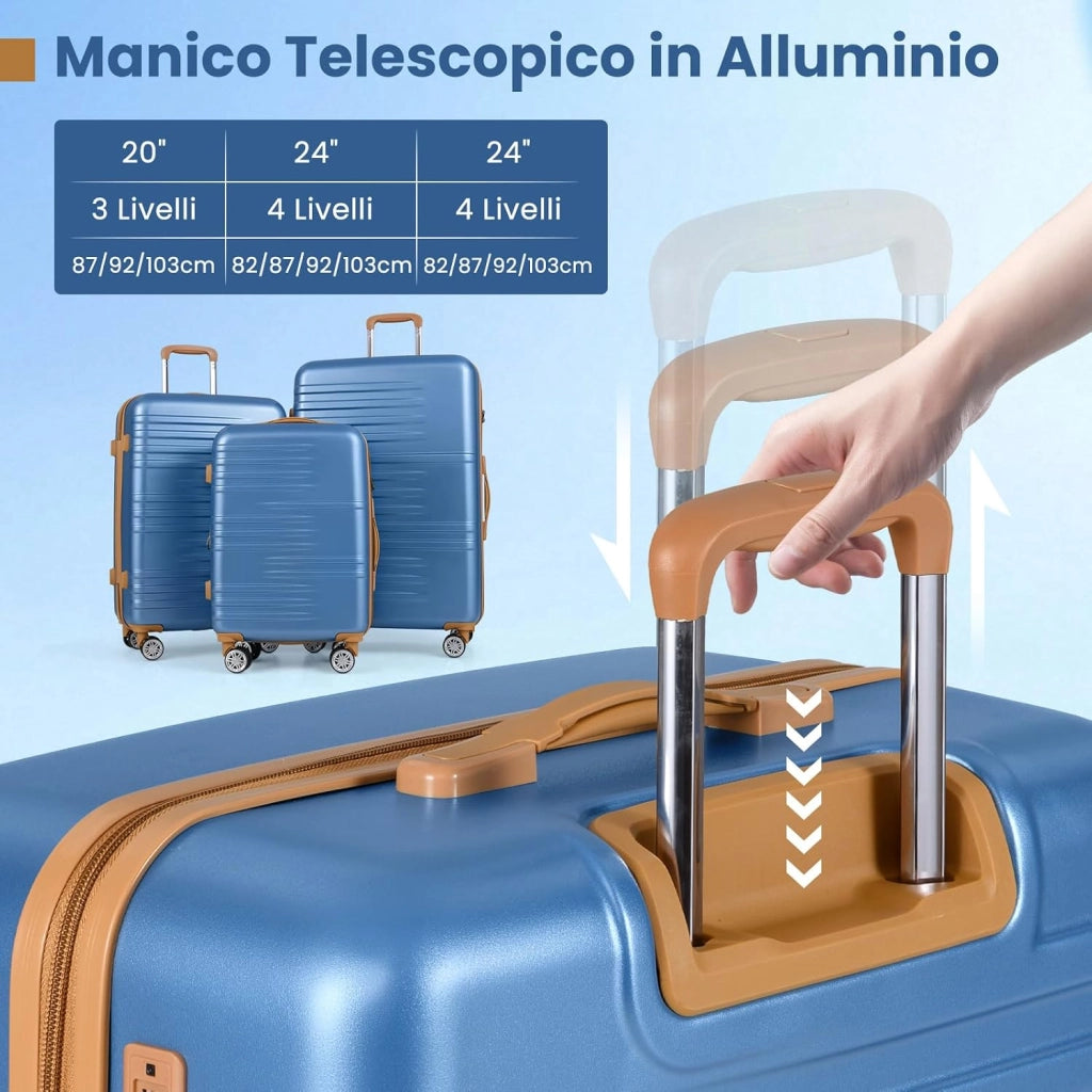 Set di Valigie Rigide 3 Pezzi, Set Valigia da Viaggio in ABS con TSA Lucchetto, Manico Telescopico in Alluminio e Ruote Piroettanti, 20", 24", 28" (Blu Scuro)