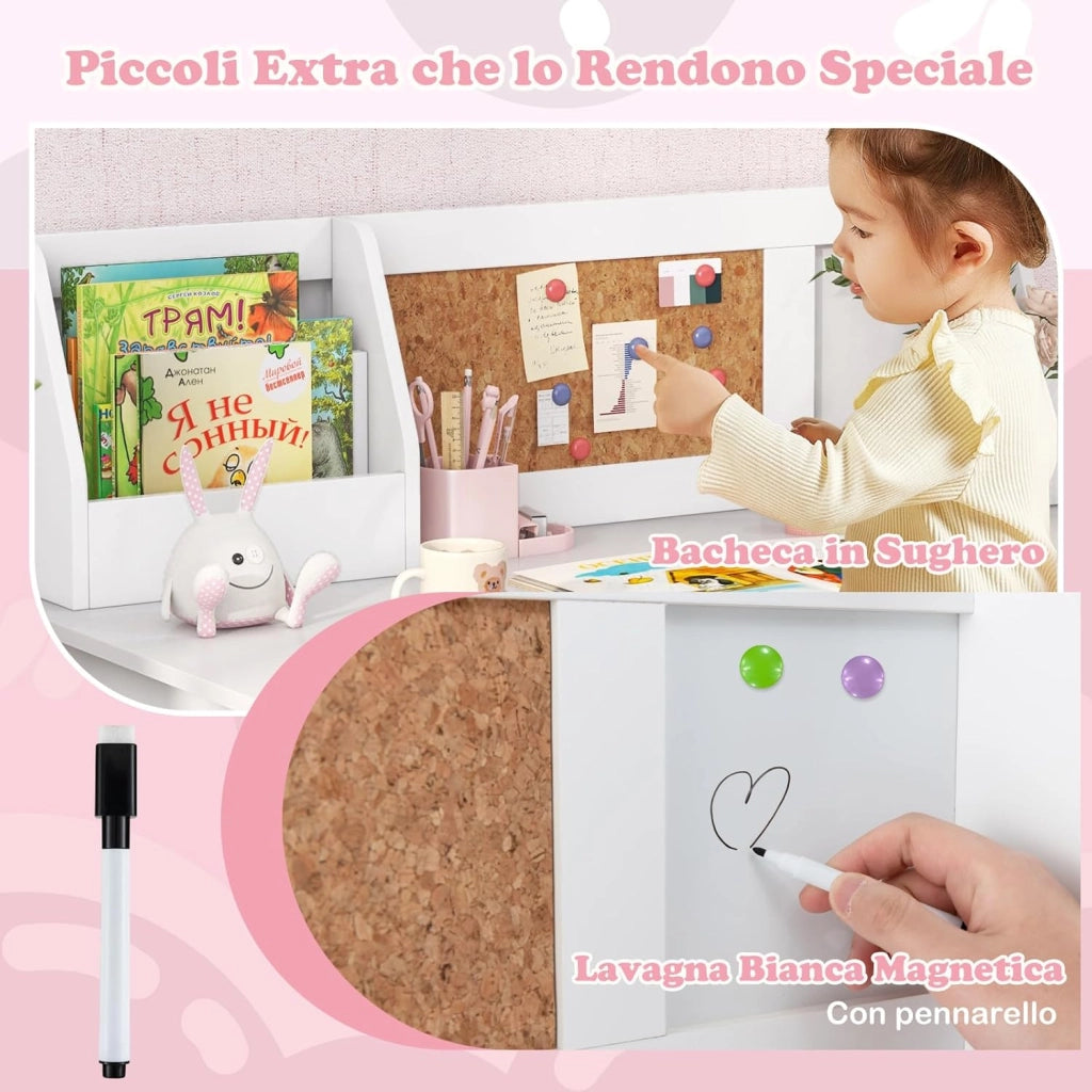 Scrivania per Bambini con Sedia, Set Tavolo e Sedia con Lavagna, Pennarello, Armadietto e Bacheca, Postazione Computer per Studenti e Tavolo da Scrittura per 3+ Anni (Bianco)