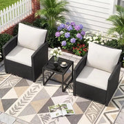 Set di mobili da giardino in legno di rattan, comprensivo di 2 sedie con cuscini e tavolo in vetro, gruppo di sedute per esterni, nero e beige