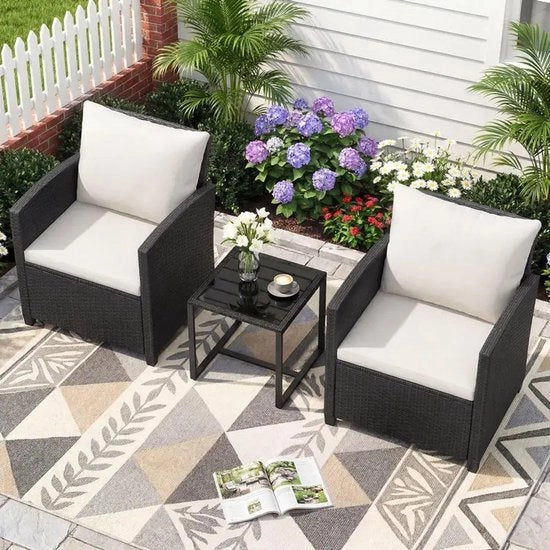 Set di mobili da giardino in legno di rattan, comprensivo di 2 sedie con cuscini e tavolo in vetro, gruppo di sedute per esterni, nero e beige