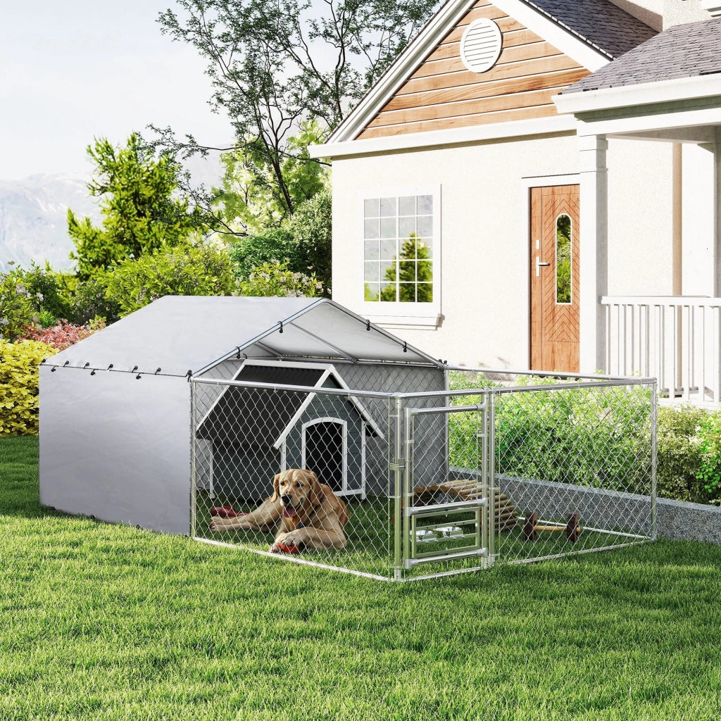 Recinto per Cani con Copertura ¨C Xylo ¨C Acciaio e Tessuto Oxford, 4x2.3x1.5m, Argento