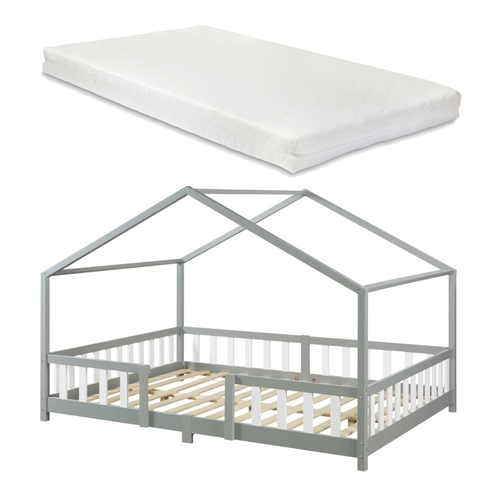 Letto per Cameretta Treviolo a Forma di Casetta con Materasso 140x200 cm Grigio [en.casa] [neu.haus]