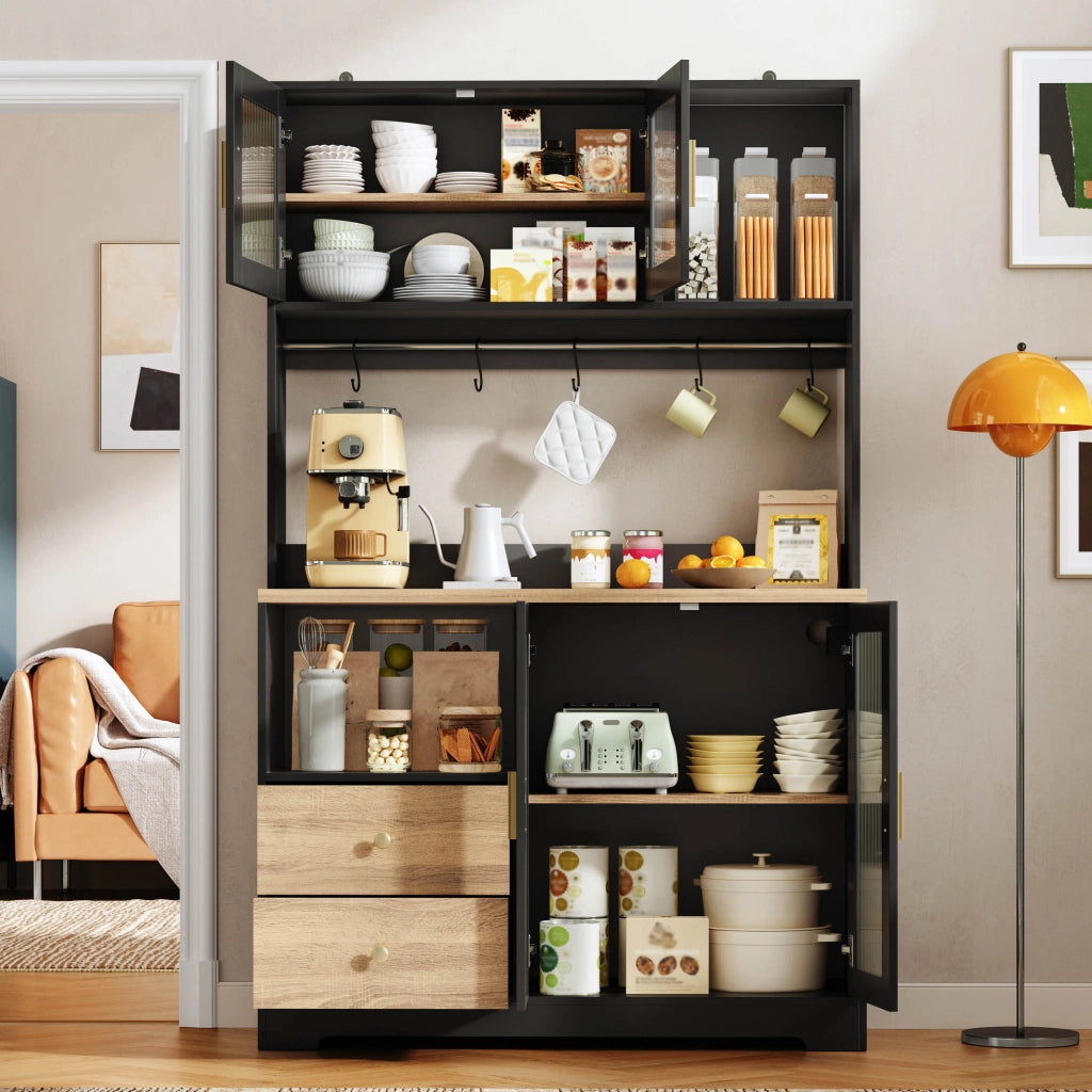 Hochschrank da cucina con LED, prese USB e ante in vetro temperato, 110 x 40 x 178 cm, nero
