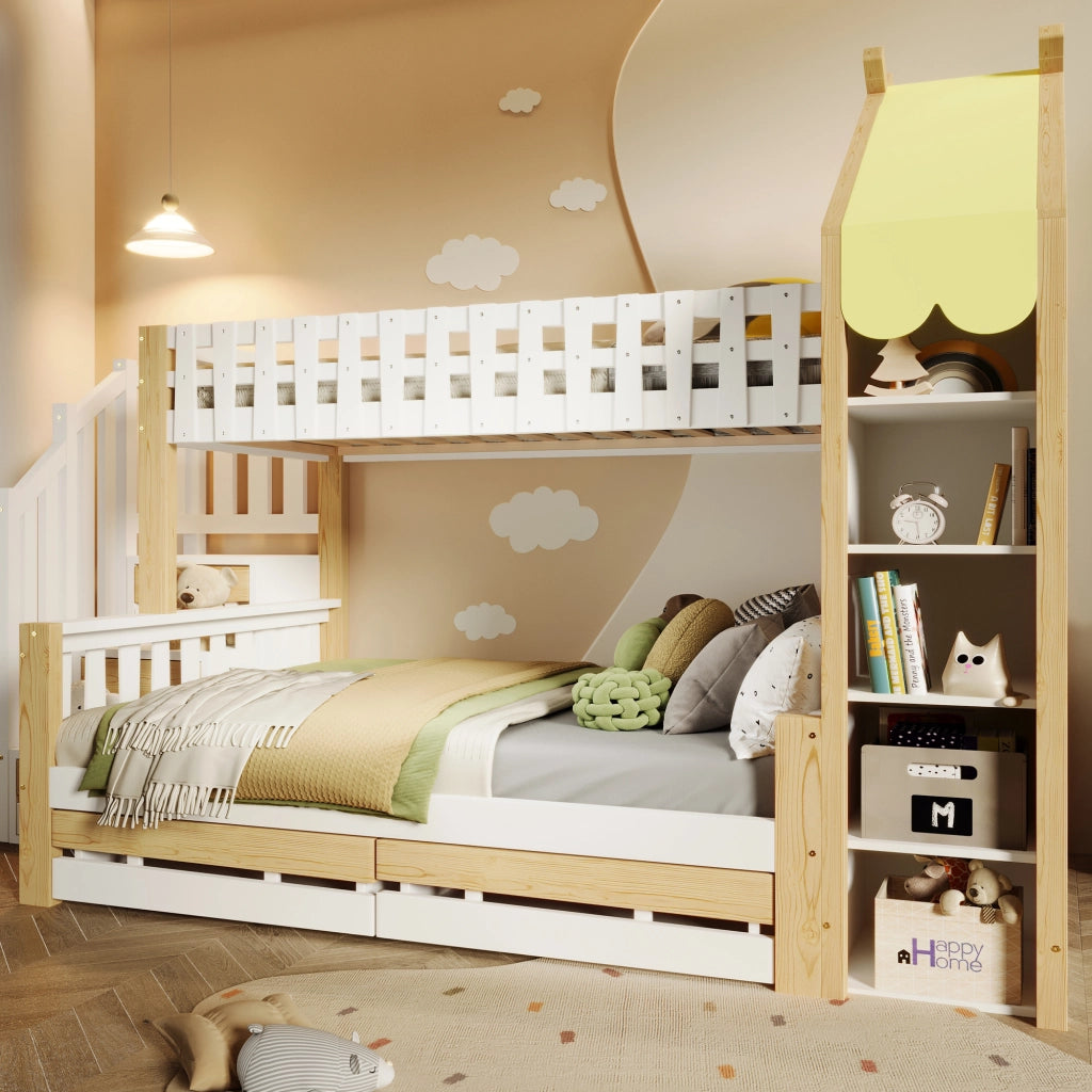 Letto a castello per bambini con tetto; 90x200 e 140x200 cm; in pino; bianco e naturale