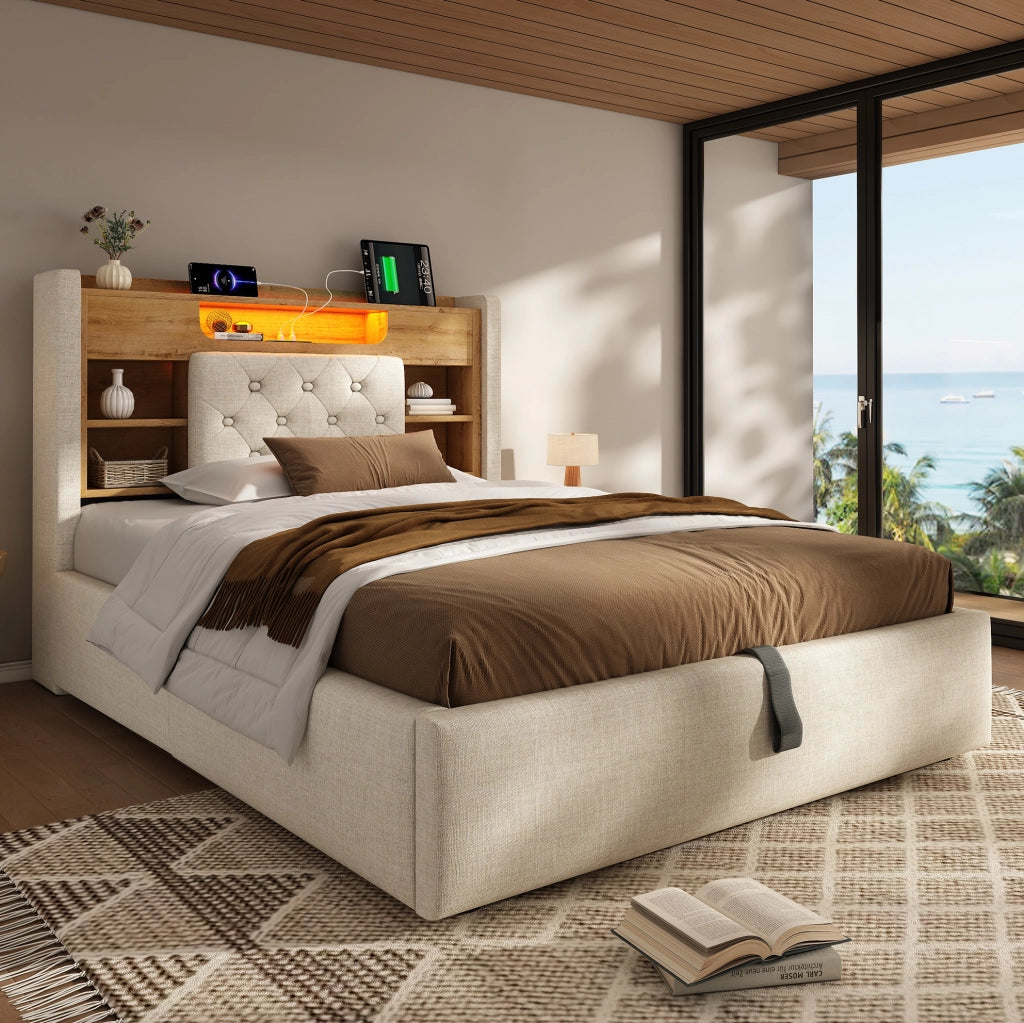 Letto singolo 90x200 cm con vano idraulico, LED e USB-C beige