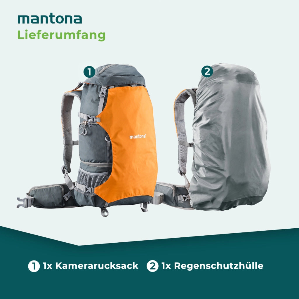 Mantona elementsPro 40 Zaino per fotocamera - Zaino professionale per fotocamera da esterno, ampio spazio per fotocamera e accessori, laptop fino a 14 pollici, inclusa copertura antipioggia