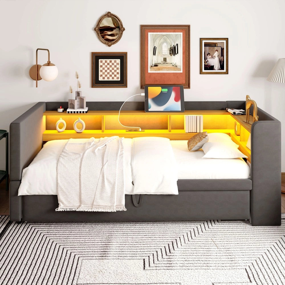 Letto imbottito trasformabile con LED ¨C Minimal ¨C Grigio scuro, 90/180x190cm