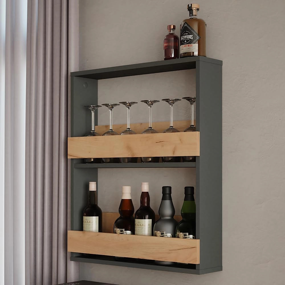 Portabicchieri da vino Repose, Quercia dorata/antracite, 60 x 72 cm, per montaggio a parete con supporti per fino a 8 bicchieri da vino