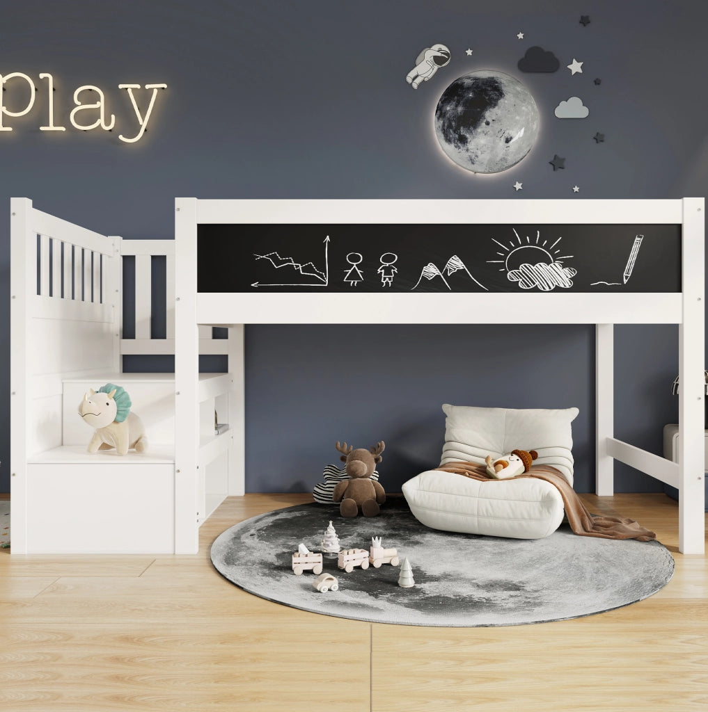 Letto a soppalco per bambini 90 x 200 cm bianco con scala contenitore e lavagna