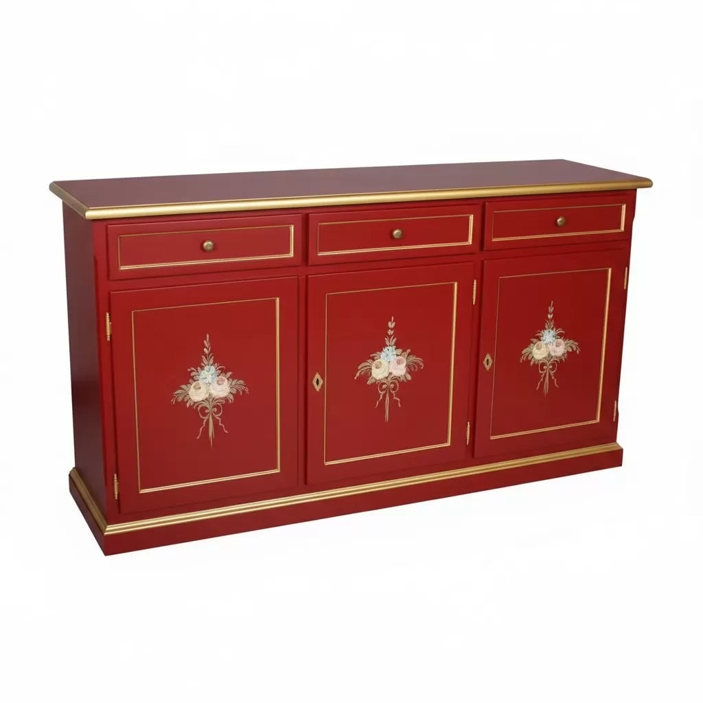 Madia credenza 3 ante legno shabby rosso decorata filo oro 156x42x86 - Mobili 2G