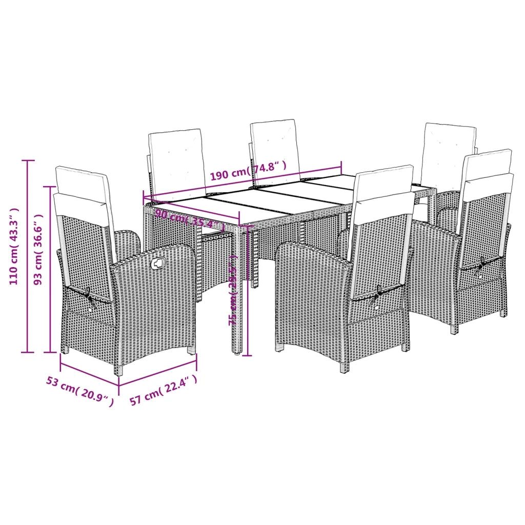 Set da Pranzo da Giardino 7 pz Nero con Cuscini in Polyrattan 3212200